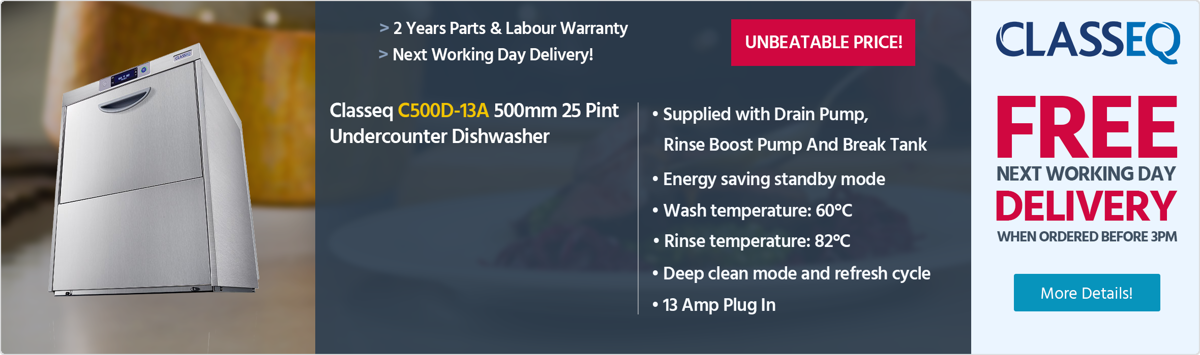 Classeq C500D-13A 500mm 18 Plate Undercounter Dishwasher With Drain Pump, Rinse Boost Pump And Break Tank - 13 Amp Plug In