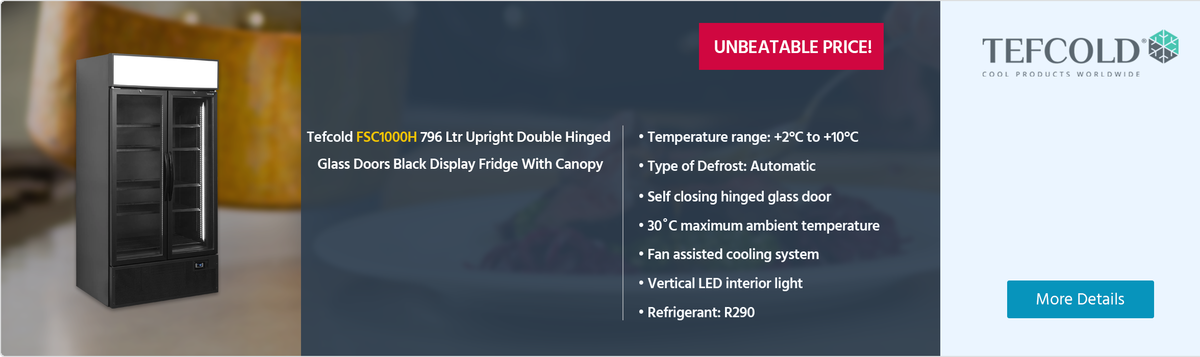 Tefcold FSC1000H BLACK 796 Ltr Upright Double Hinged Glass Doors Black Display Fridge With Canopy
