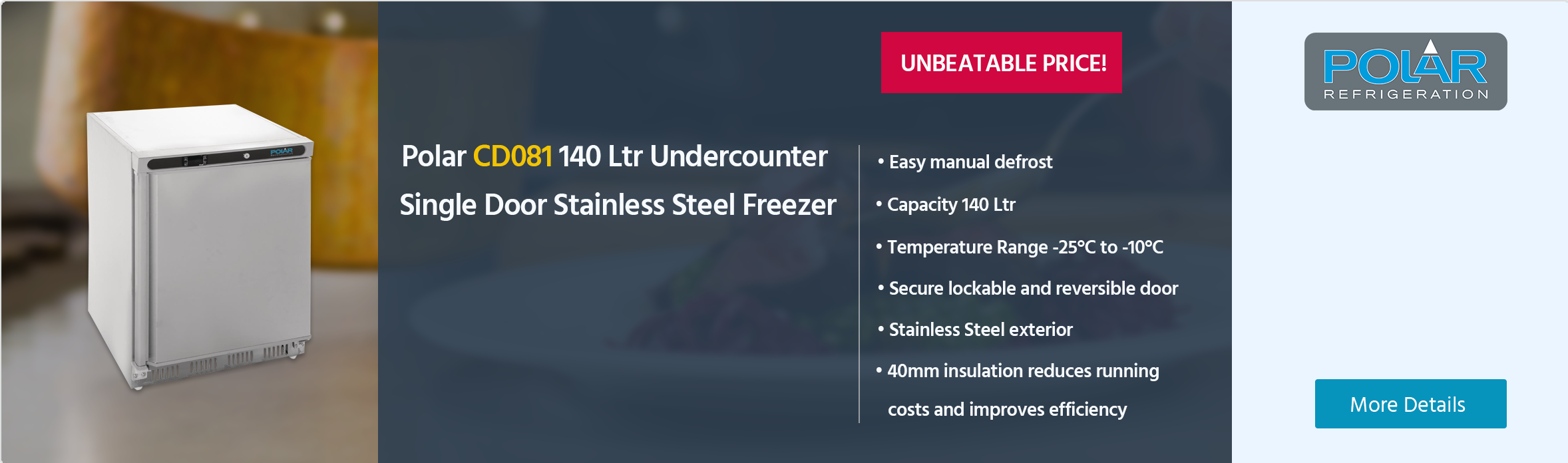 Polar C-Series CD081 140 Ltr Undercounter Single Door Stainless Steel Freezer