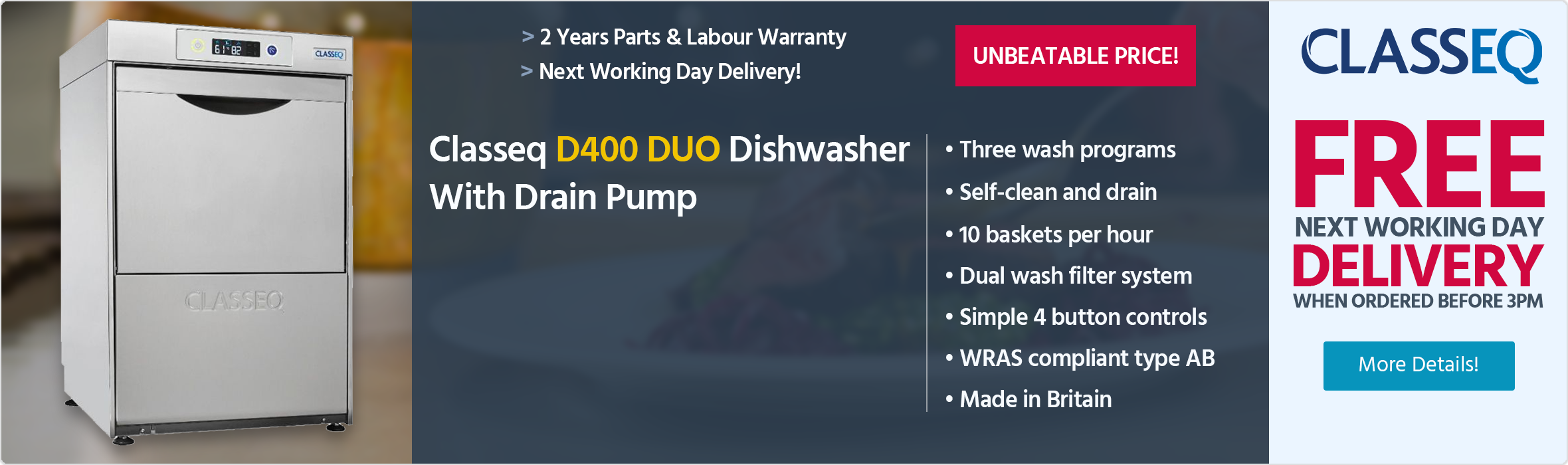 Classeq D400 DUO (DUO400) 400mm 11 Plate Dishwasher With Drain Pump