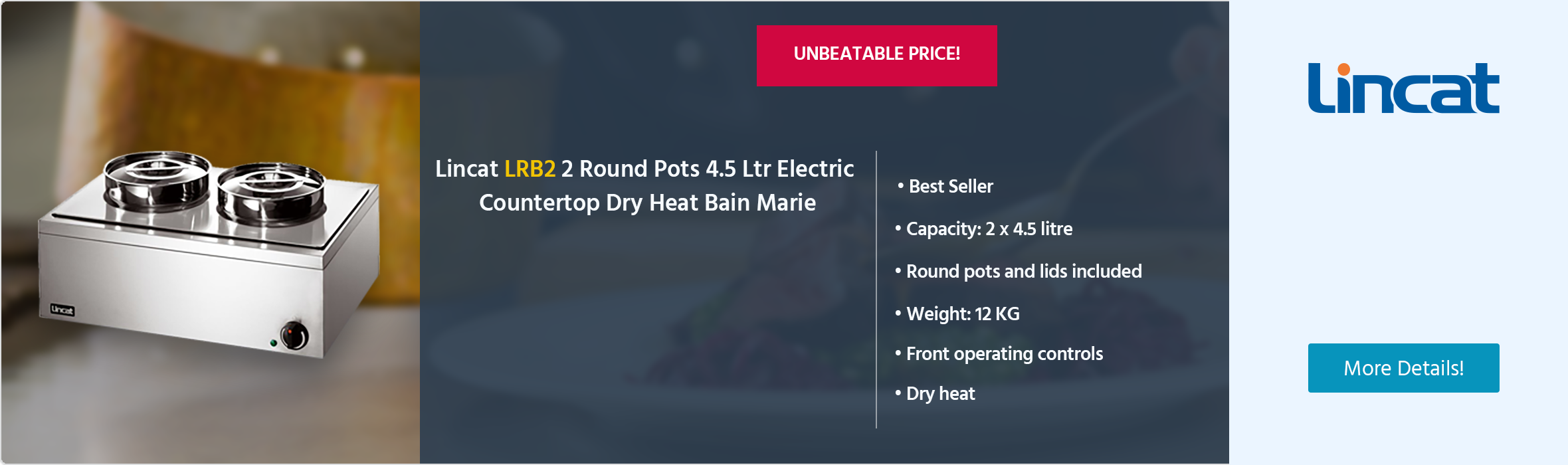 Lincat Lynx 400 LRB2 Bain Marie 2 Round Pots Dry Heat (4.5 Ltr)