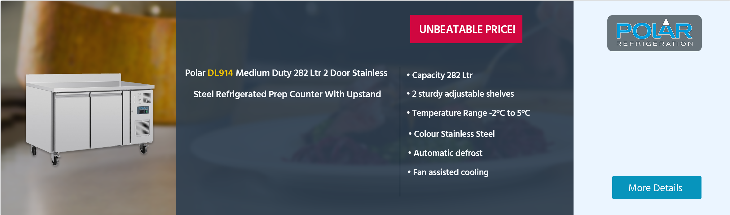Polar U-Series DL914 Medium Duty 282 Ltr 2 Door Stainless Steel Refrigerated Prep Counter With Upstand