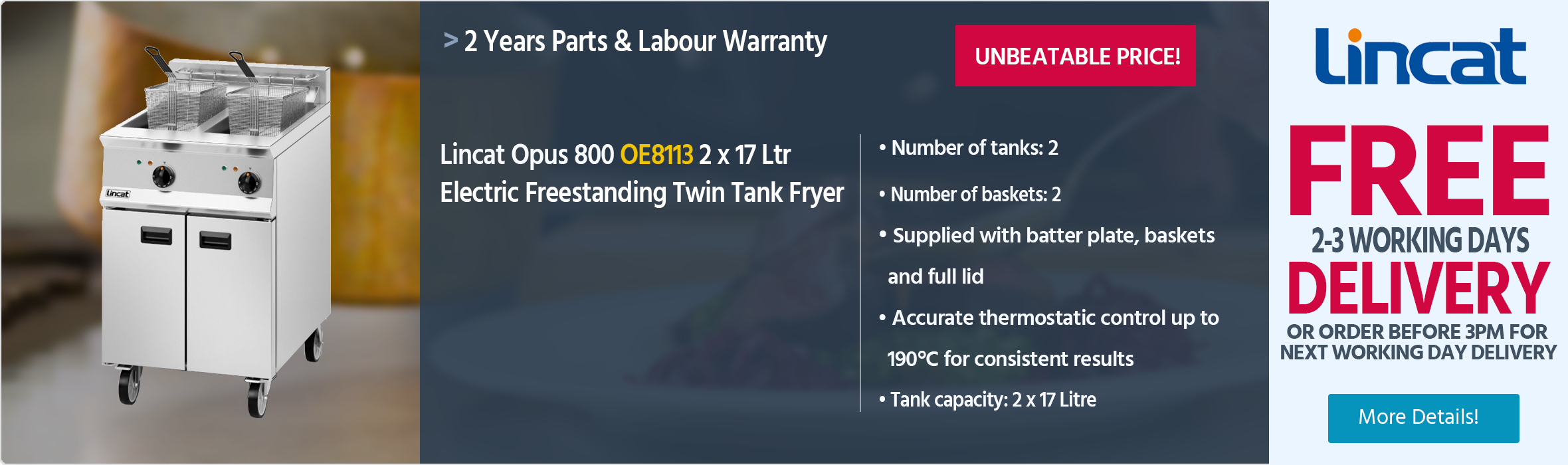 Lincat Opus 800 OE8113 2 x 17 Ltr Electric Freestanding Twin Tank Fryer (2 x Baskets)