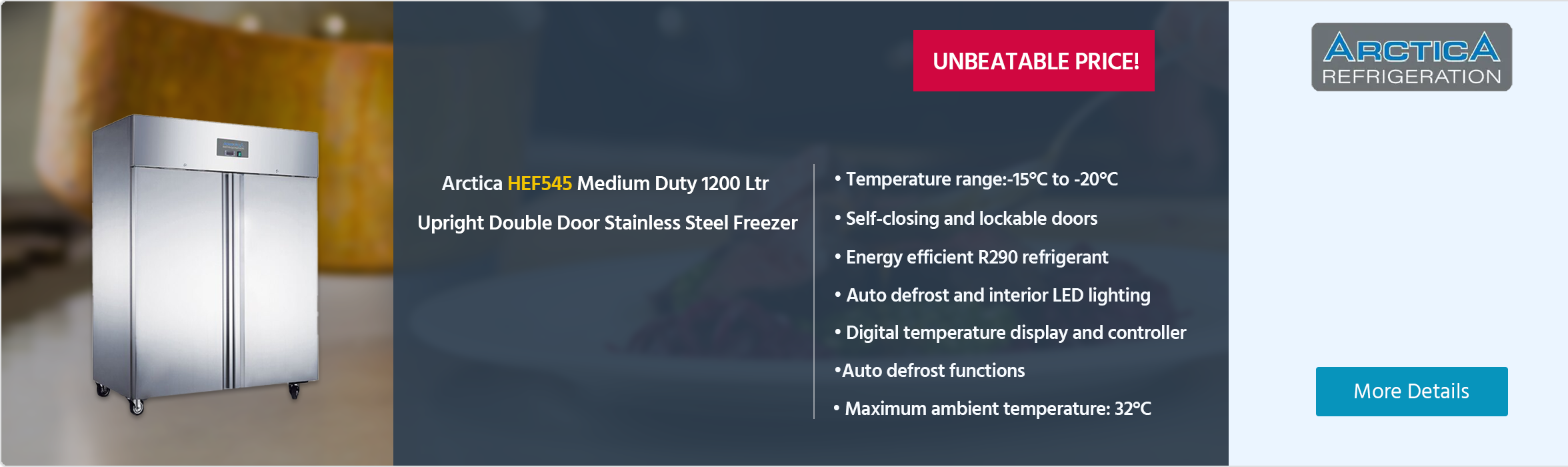 Arctica HEF545 Medium Duty 1200 Ltr Upright Double Door Stainless Steel Freezer