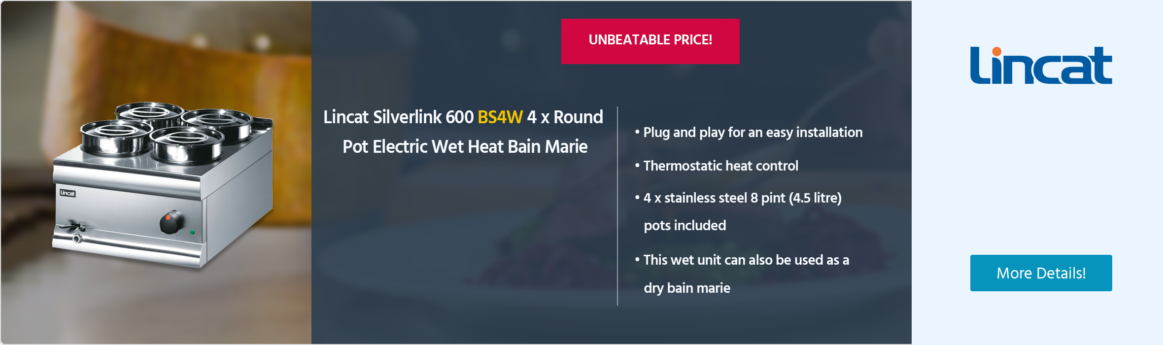 Lincat Silverlink 600 BS4W 4 x Round Pot Electric Countertop Wet Heat Bain Marie