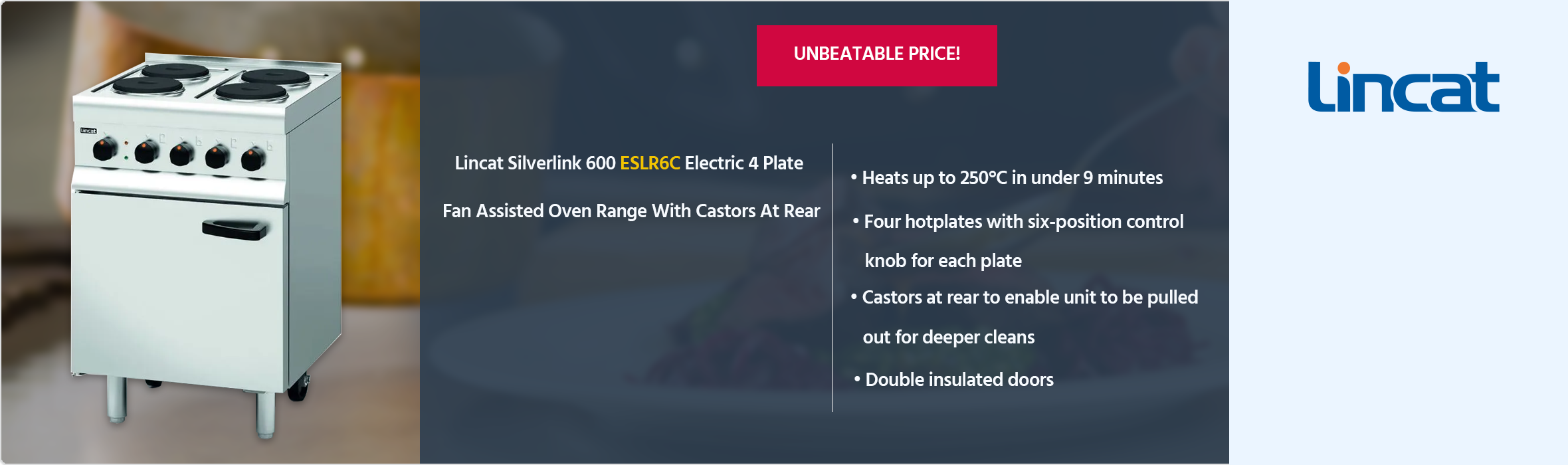 Lincat Silverlink 600 ESLR6C Electric 4 Plate Fan Assisted Oven Range With Castors At Rear