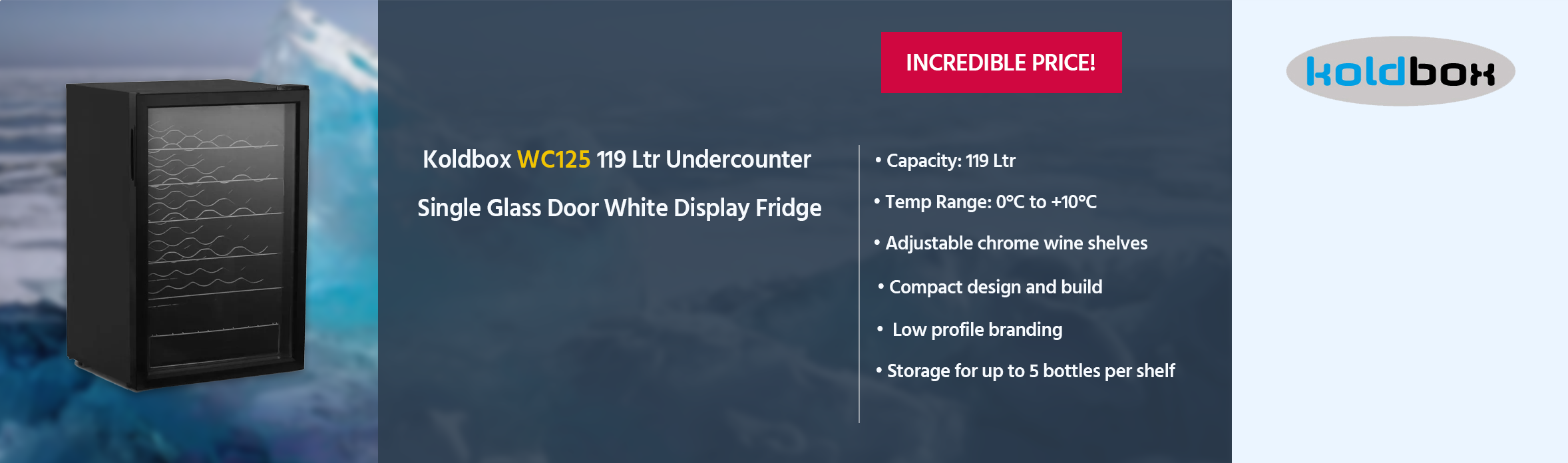 Koldbox WC125 119 Ltr Undercounter Single Glass Door Black Single Zone Wine Cooler