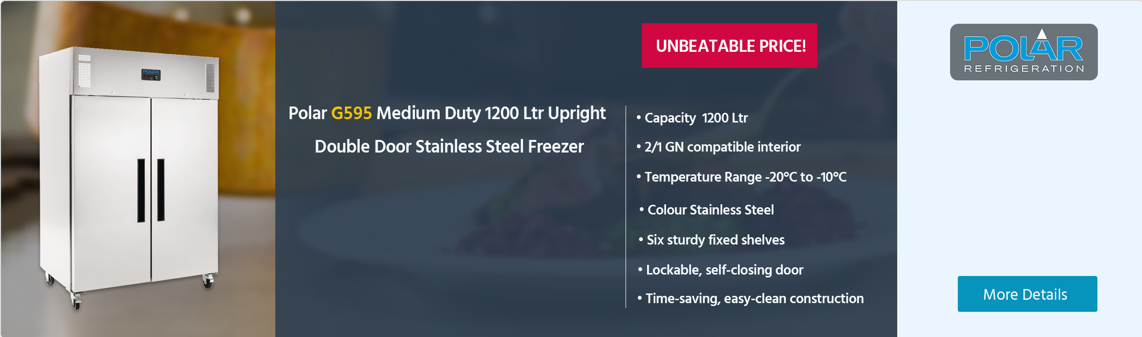 Polar G-Series G595 Medium Duty 1200 Ltr Upright Double Door Stainless Steel Freezer