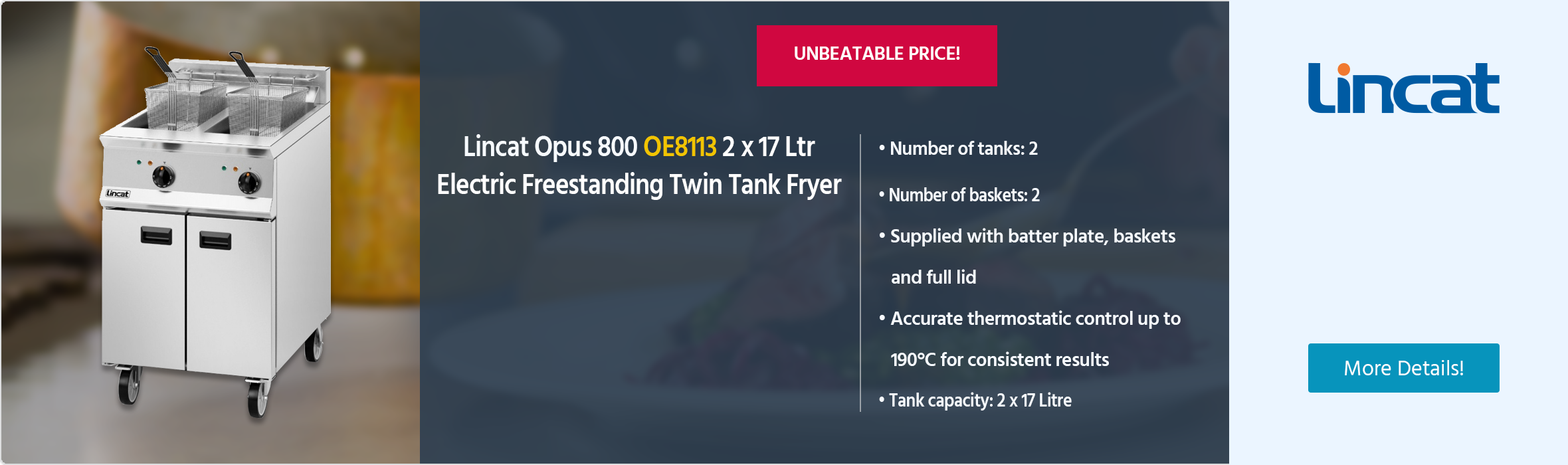 Lincat Opus 800 OE8113 2 x 17 Ltr Electric Freestanding Twin Tank Fryer (2 x Baskets)