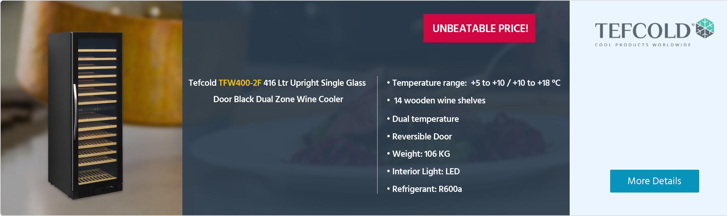 Tefcold TFW400-2F 416 Ltr Upright Single Glass Door Black Dual Zone Wine Cooler