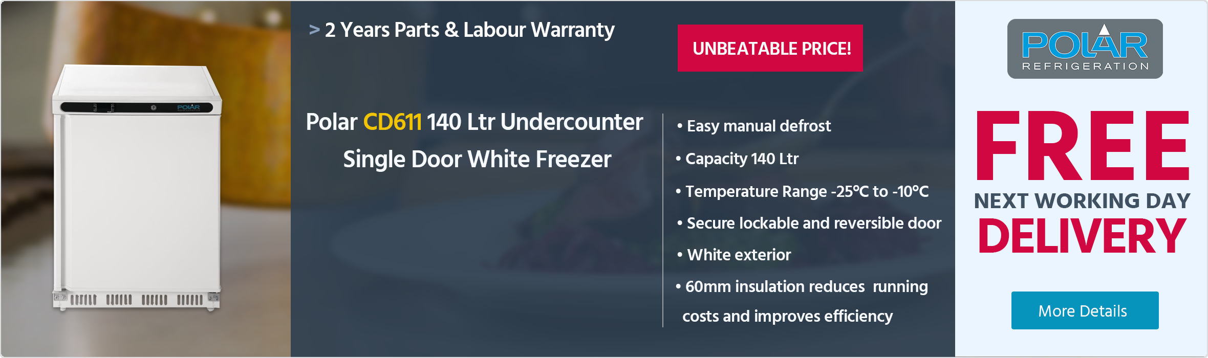 Polar C-Series CD611 140 Ltr Undercounter Single Door White Freezer