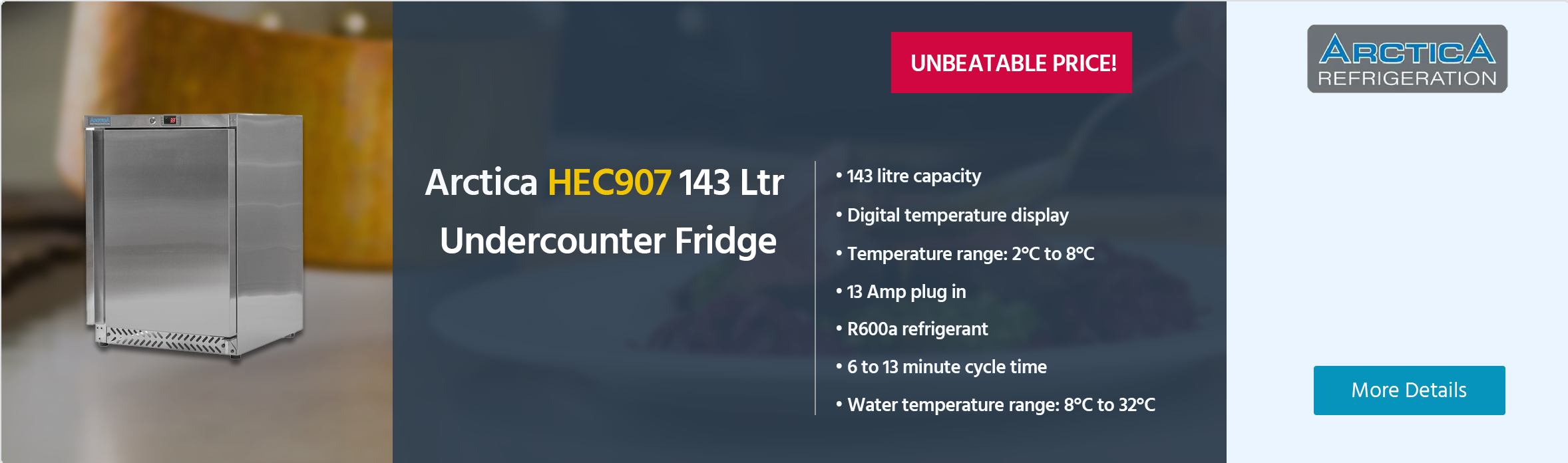 Arctica HEC907 143 Ltr Undercounter Single Door Stainless Steel Fridge