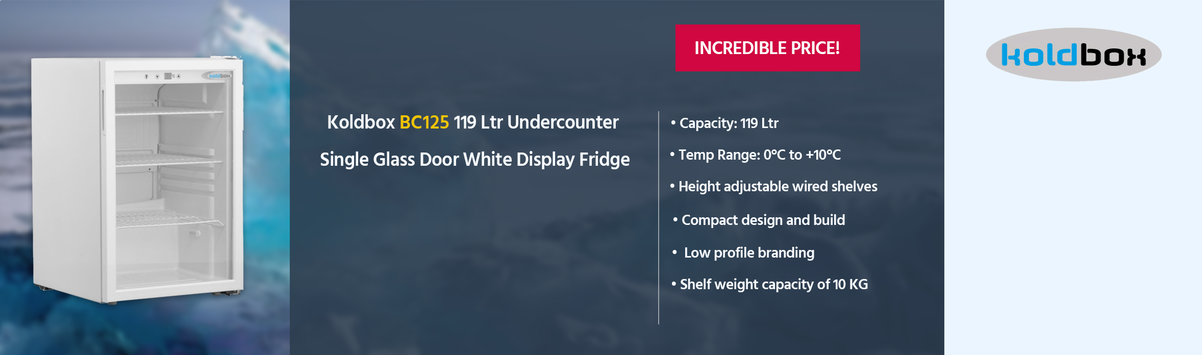 Koldbox BC125 119 Ltr Undercounter Single Glass Door White Display Fridge
