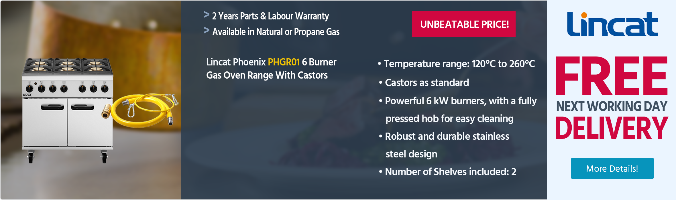Lincat Phoenix PHGR01 Gas Free-Standing 6 Burner Oven With Castors