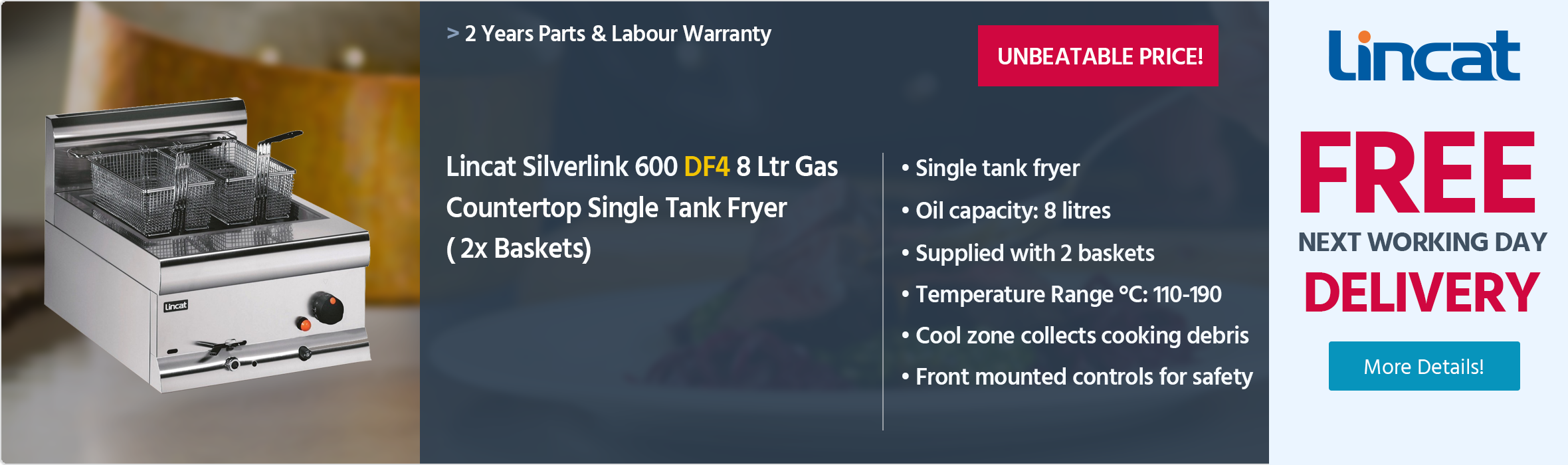 Lincat Silverlink 600 DF4 8 Ltr Gas Countertop Single Tank Fryer (2 x Baskets)