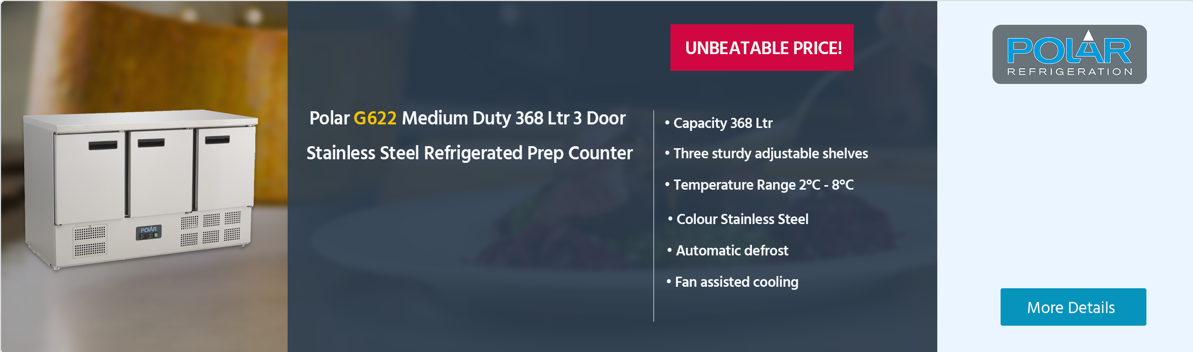 Polar G-Series G622 Medium Duty 368 Ltr 3 Door Stainless Steel Refrigerated Prep Counter