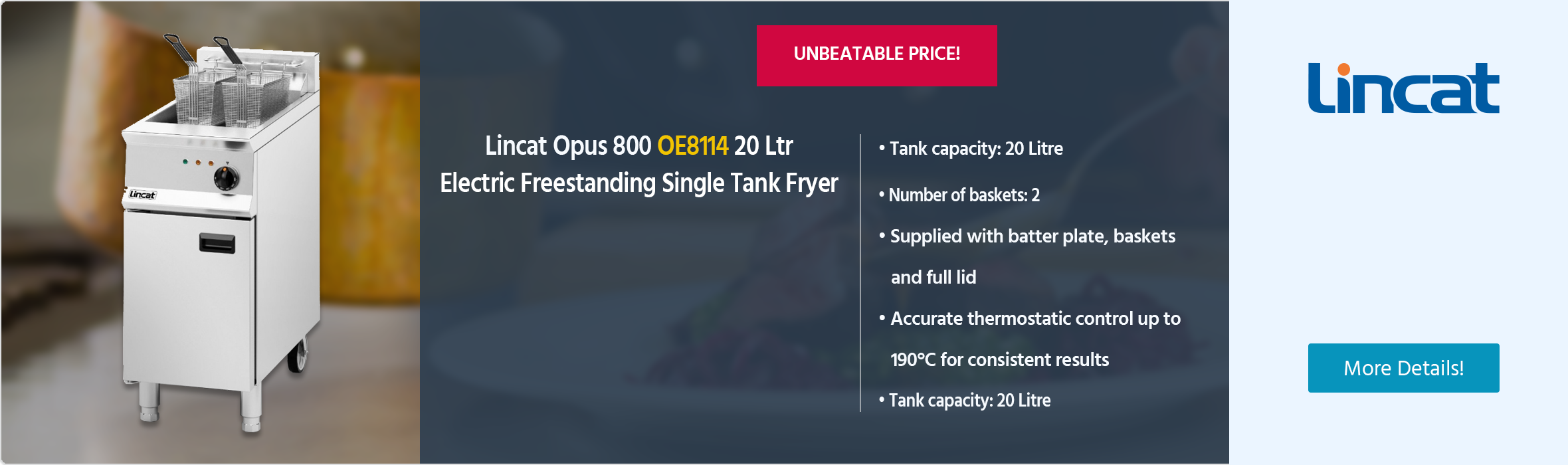 Lincat Opus 800 OE8114 20 Ltr Electric Freestanding Single Tank Fryer (2 x Baskets)