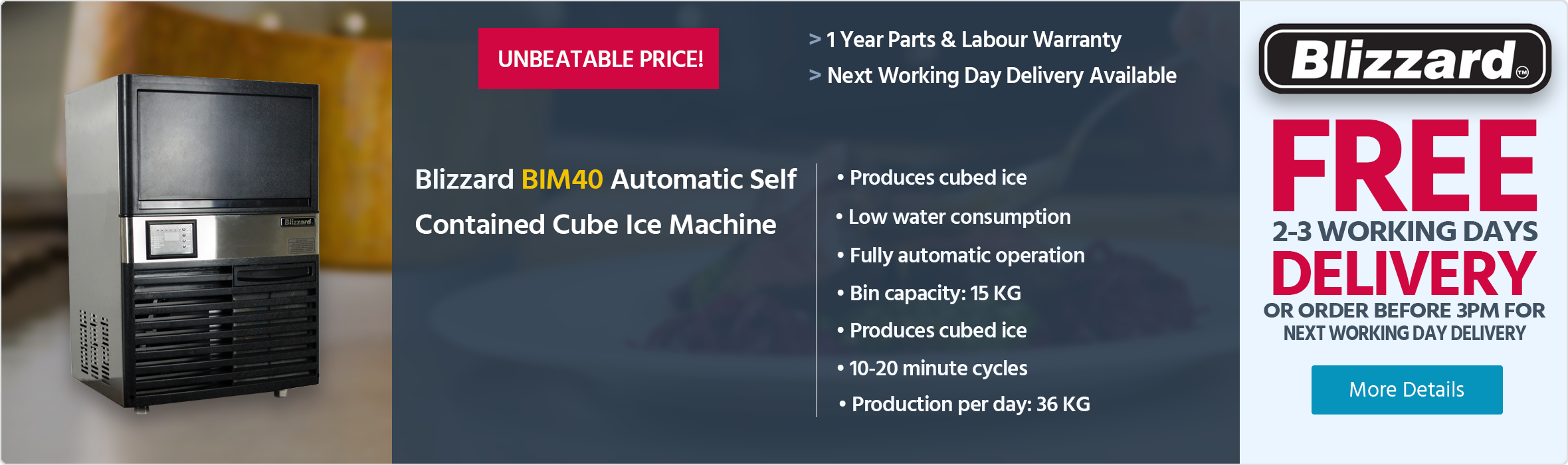Blizzard BIM40 Automatic Self Contained Cube Ice Machine (36kg/24hr)