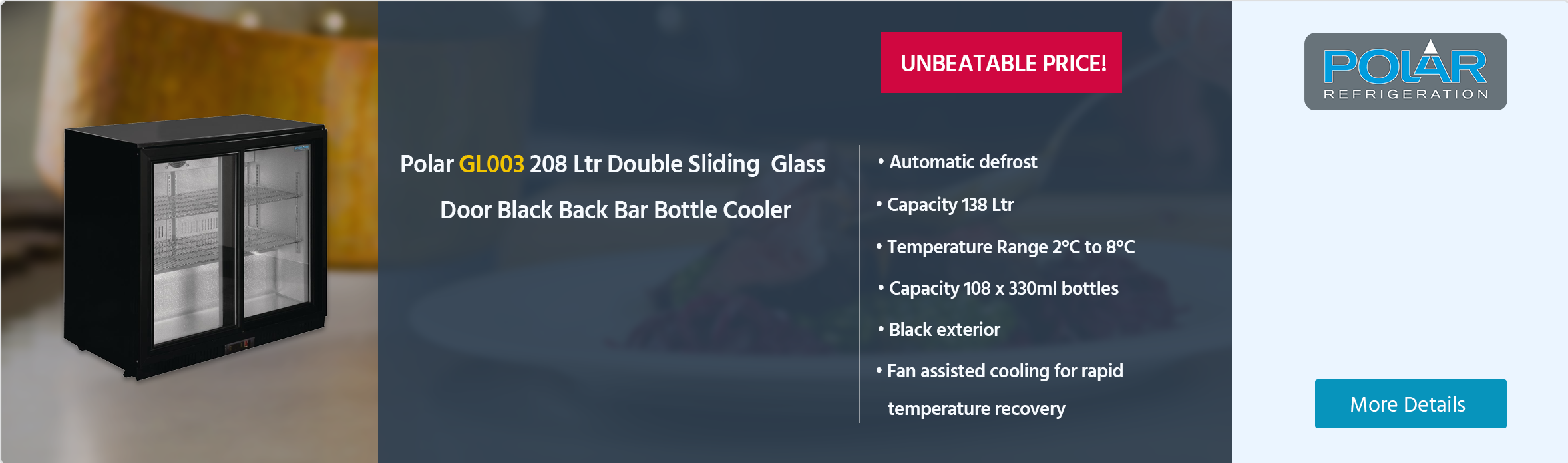 Polar G-Series GL003 208 Ltr Undercounter Double Sliding Glass Door Black Back Bar Bottle Cooler
