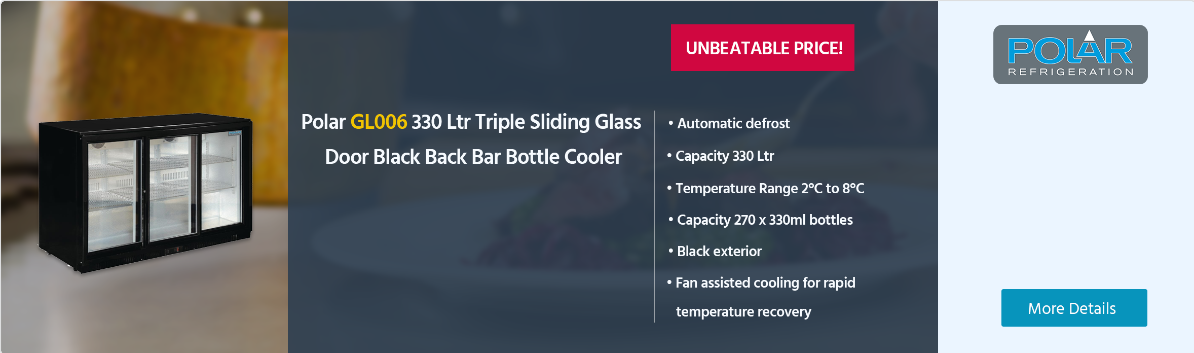 Polar G-Series GL006 330 Ltr Undercounter Triple Sliding Glass Door Black Back Bar Bottle Cooler