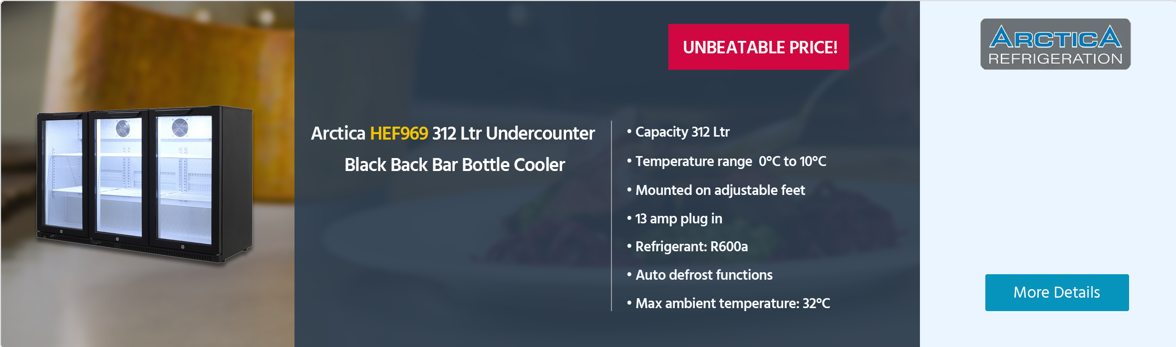 Arctica HEF969 307 Ltr Undercounter Triple Hinged Door Black Back Bar Bottle Cooler