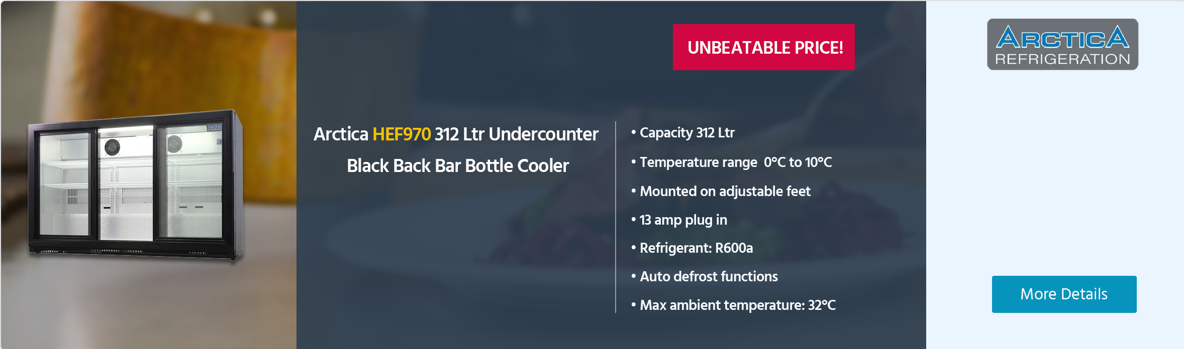 Arctica HEF970 312 Ltr Undercounter Triple Sliding Door Black Back Bar Bottle Cooler