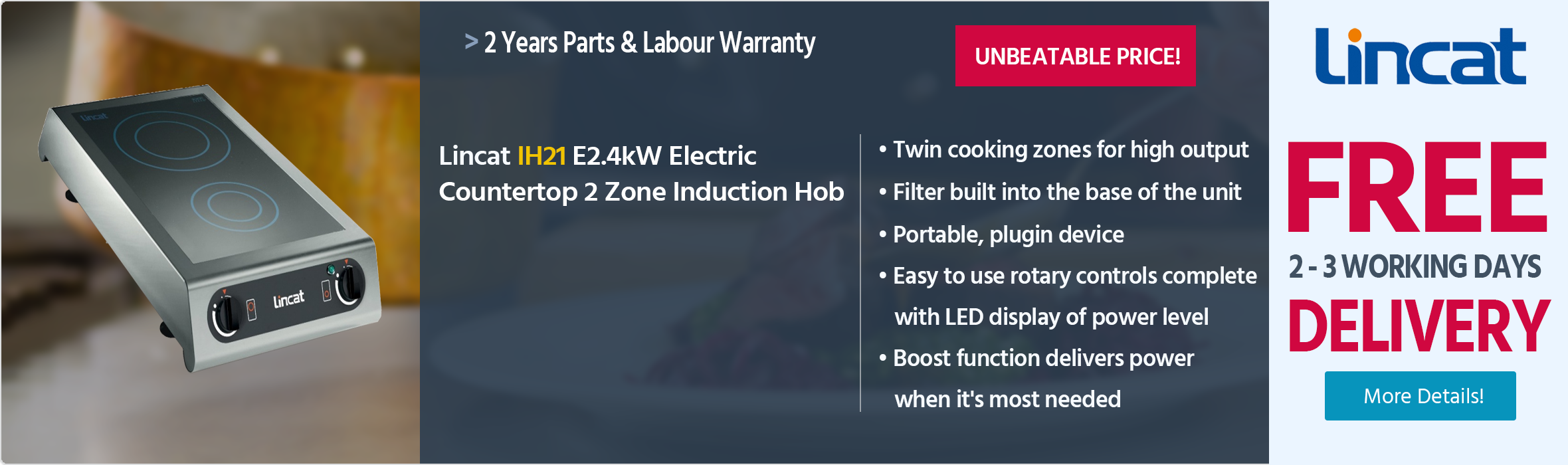 Lincat IH21 2.4kW Electric Countertop 2 Zone Induction Hob