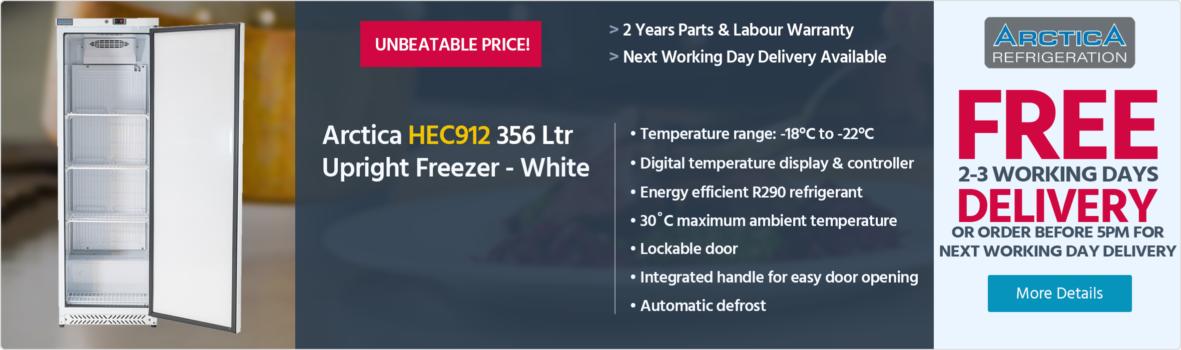 Arctica HEC912 Medium Duty 356 Ltr Upright Single Door White Freezer