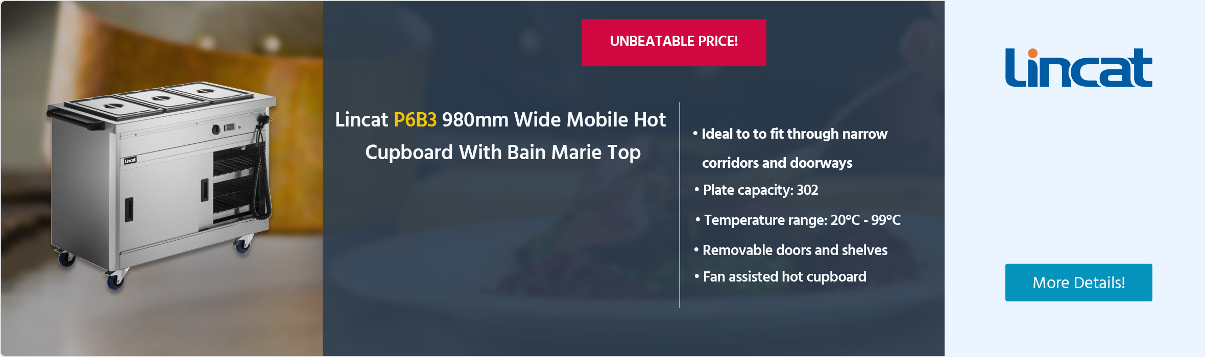 Lincat Panther P6B3 1205mm Wide Mobile Hot Cupboard With Bain Marie Top