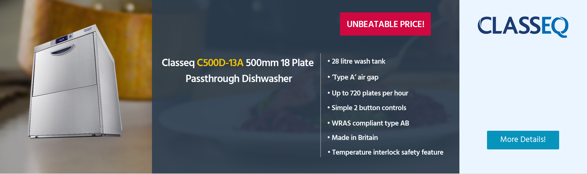 Classeq C500D-13A 500mm 18 Plate Undercounter Dishwasher With Drain Pump, Rinse Boost Pump And Break Tank - 13 Amp Plug In