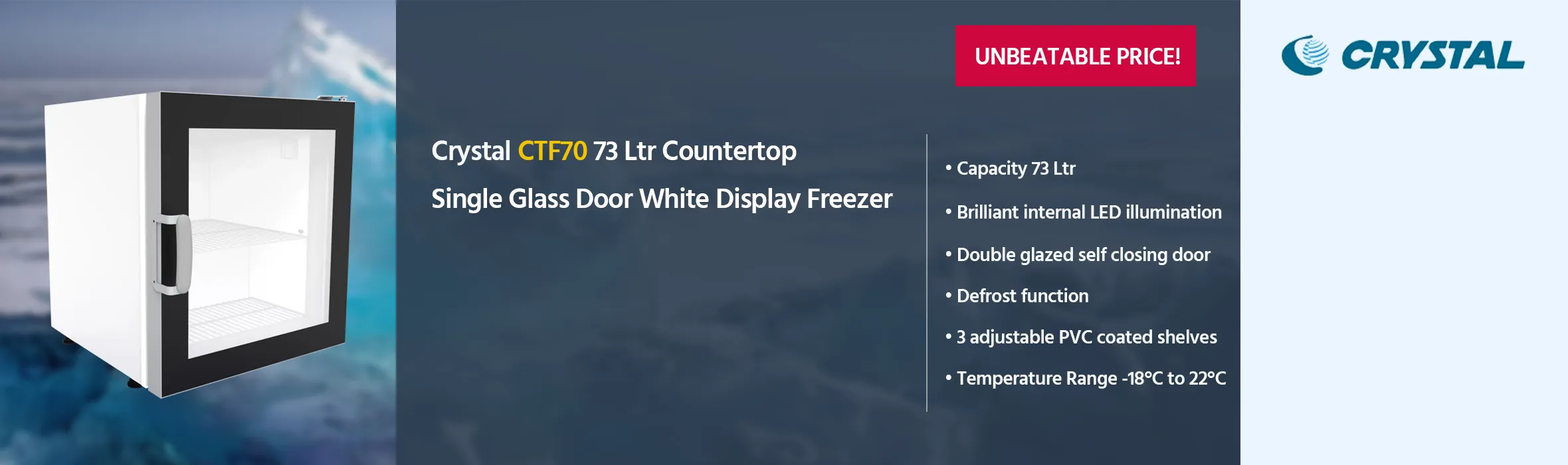 Crystal CTF70 73 Ltr Countertop Single Glass Door White Display Freezer