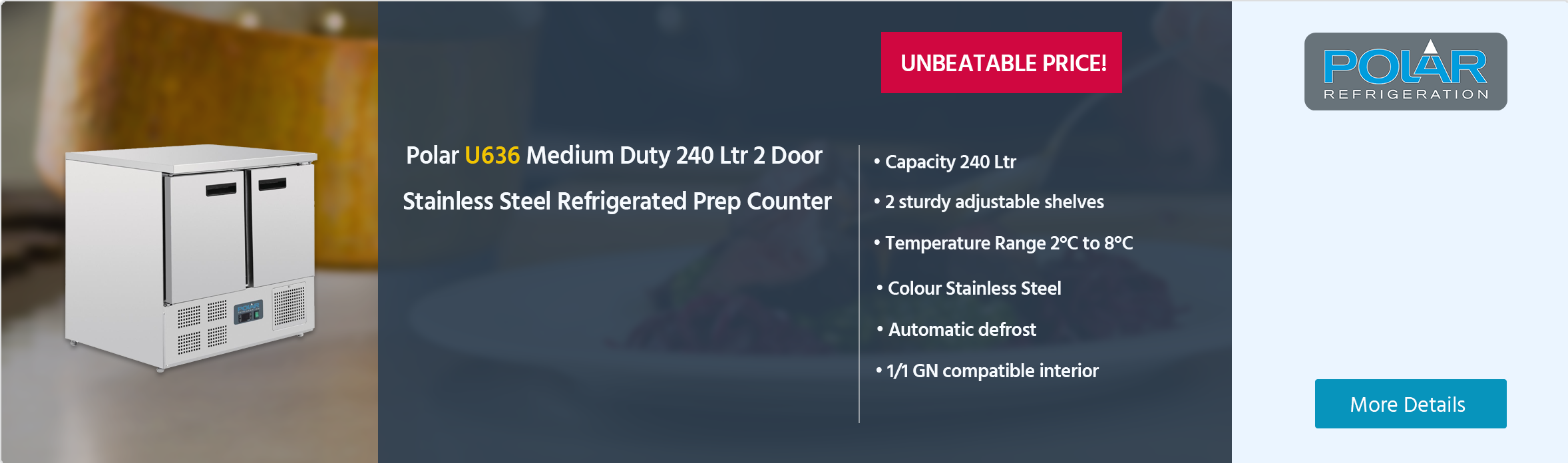 Polar G-Series U636 Medium Duty 240 Ltr 2 Door Stainless Steel Refrigerated Prep Counter