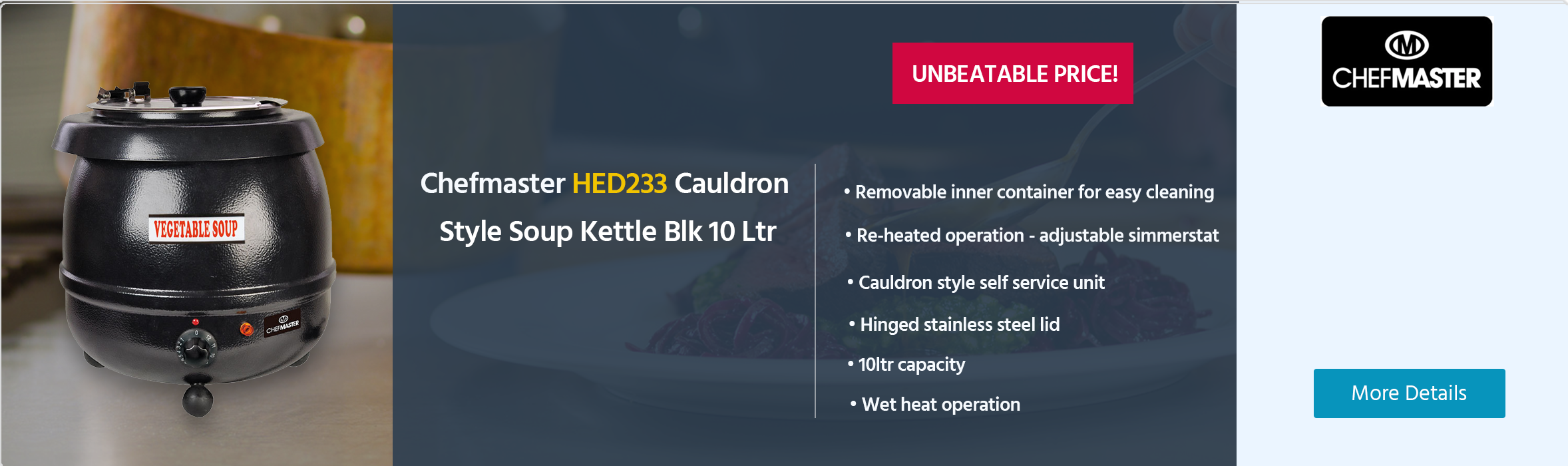 Chefmaster HED233 Cauldron Style Soup Kettle Blk 10ltr