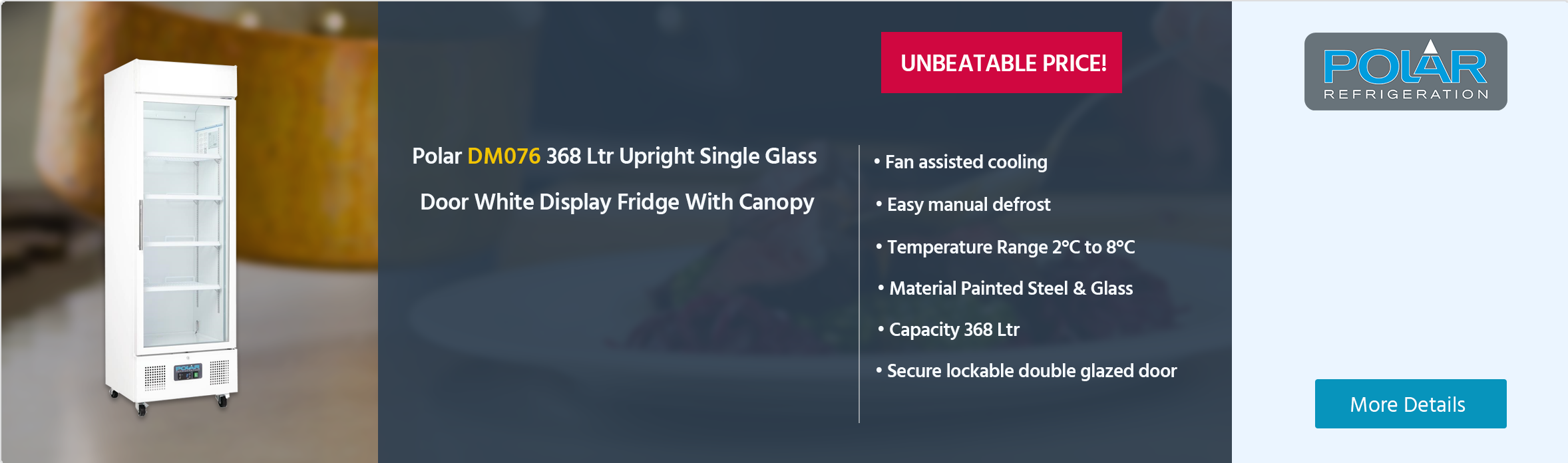 Polar G-Series DM076 368 Ltr Upright Single Glass Door White Display Fridge With Canopy