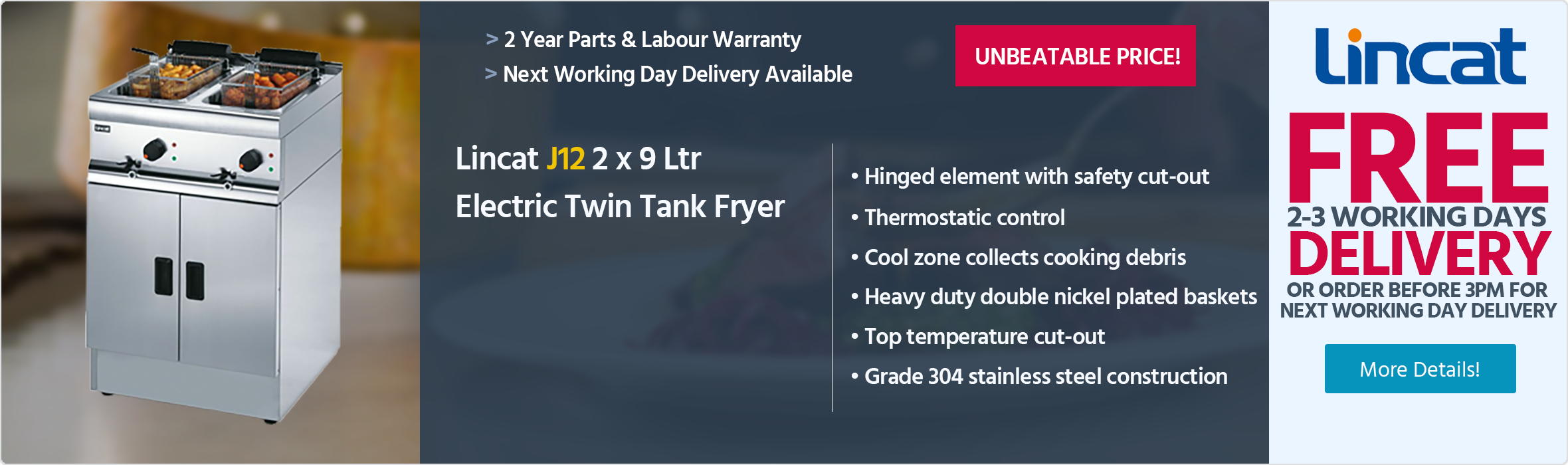 Lincat Silverlink 600 J12 2 x 9 Ltr Electric Free-Standing Twin Tank Fryer