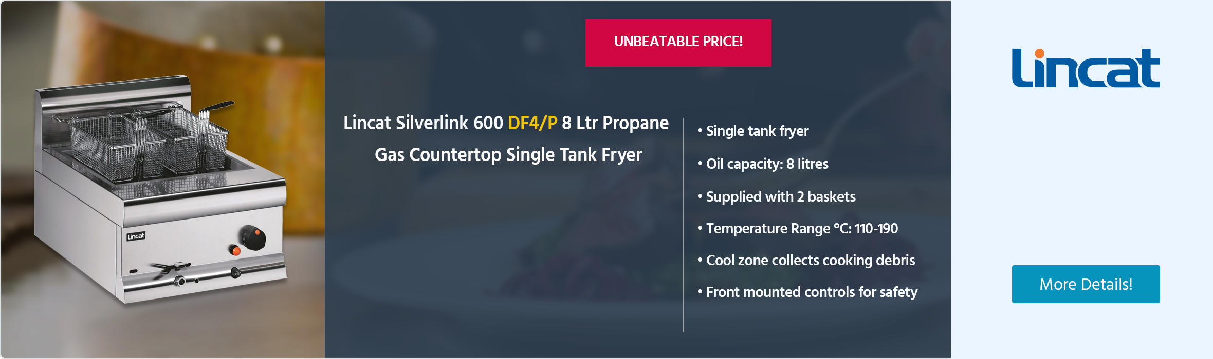Lincat Silverlink 600 DF4/P 8 Ltr Propane Gas Countertop Single Tank Fryer (2 x Baskets)
