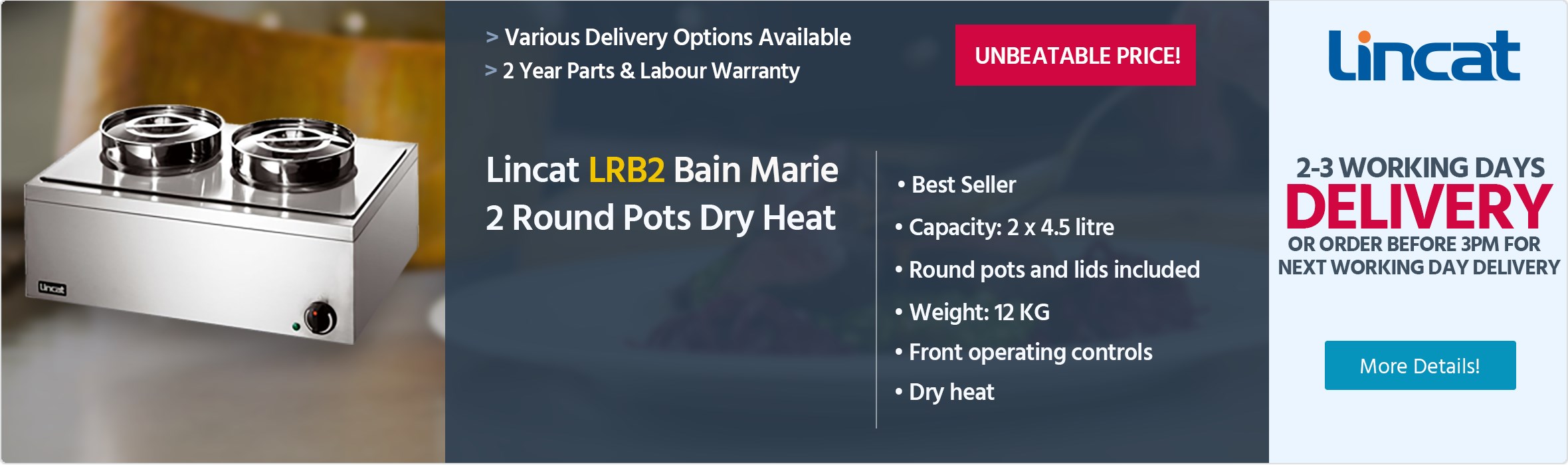 Lincat Lynx 400 LRB2 Bain Marie 2 Round Pots Dry Heat (4.5 Ltr)