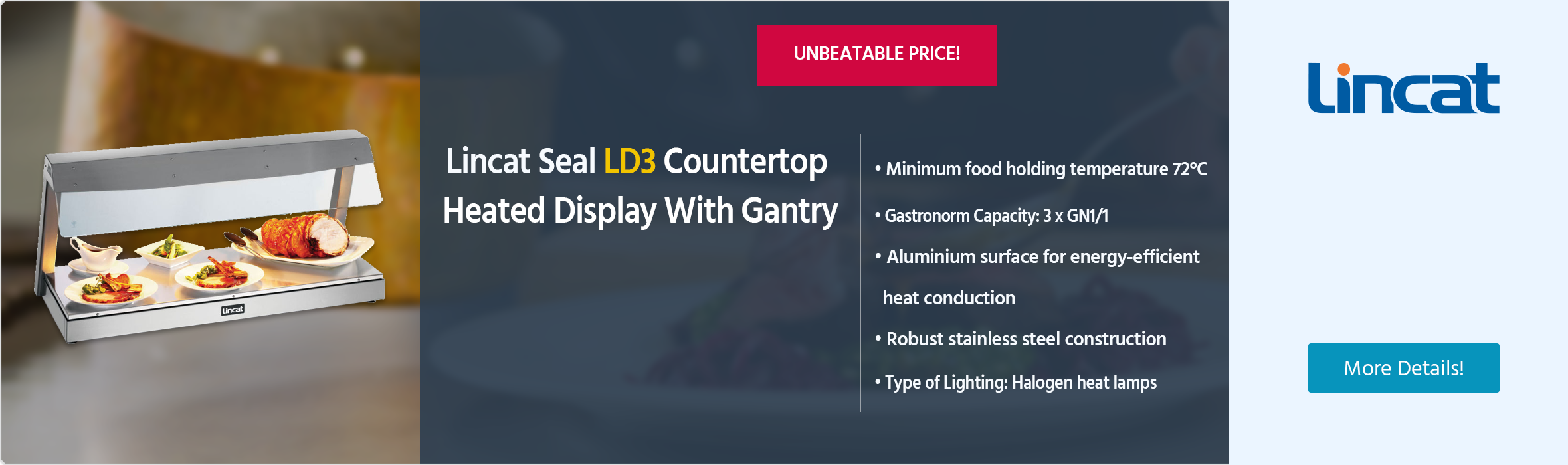 Lincat Seal LD3 Counter-Top Heated Display With Gantry (3 x 1/1 GN)