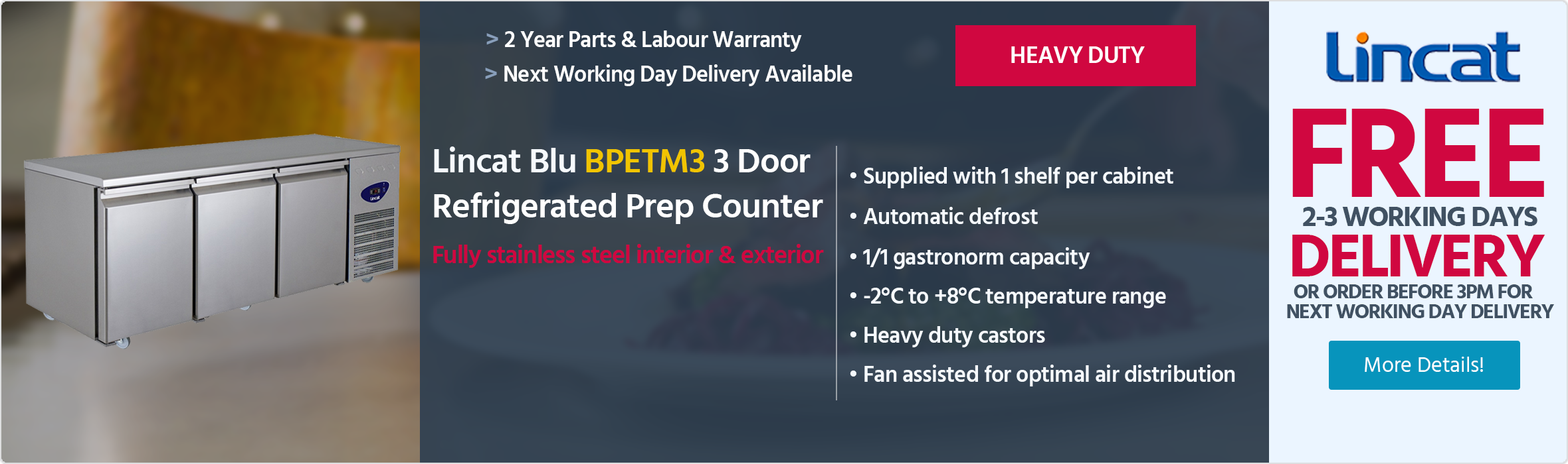 Lincat Blu BPETM3 3 Door Stainless Steel Refrigerated Prep Counter