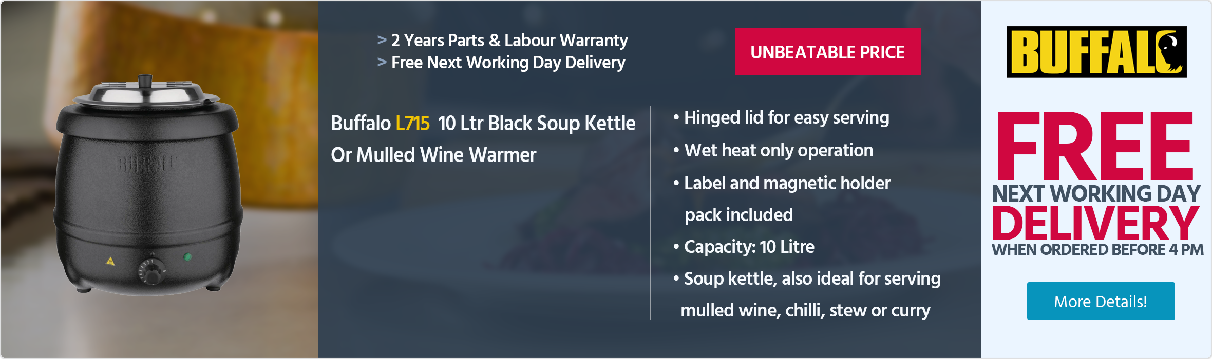Buffalo L715 10 Ltr Black Soup Kettle / Mulled Wine Warmer