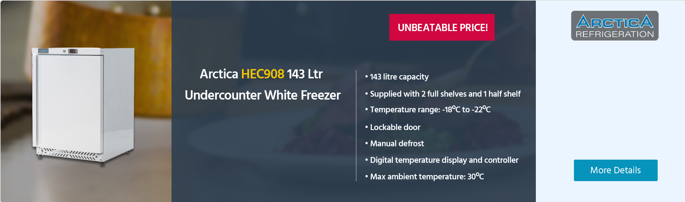 Arctica HEC908 143 Ltr Undercounter Single Door White Freezer