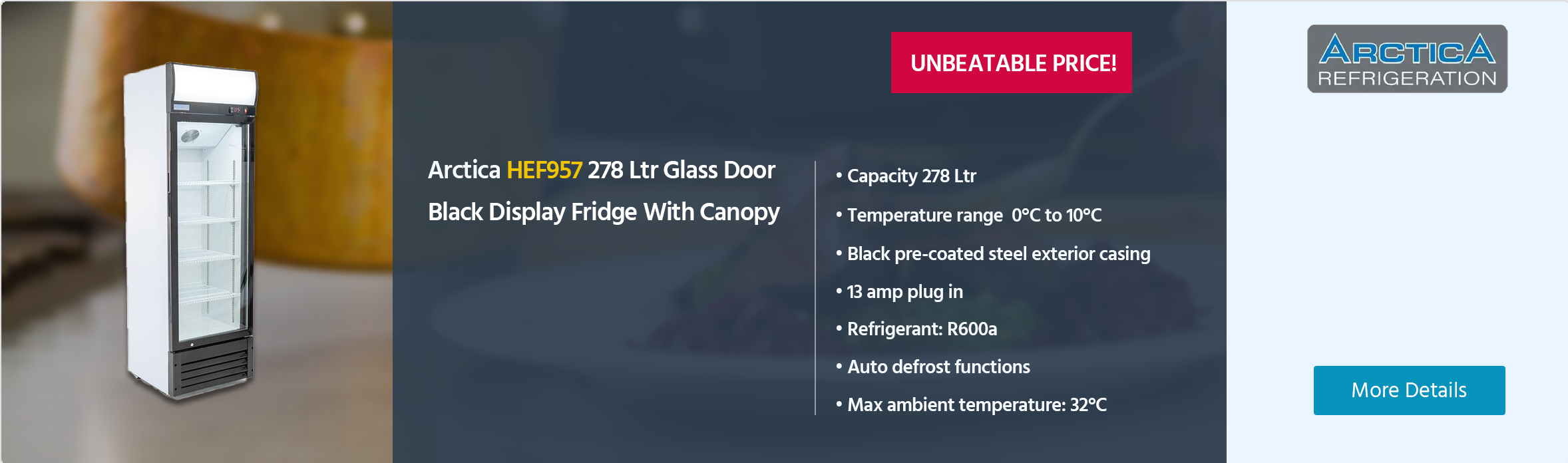Arctica HEF957 278 Ltr Upright Single Glass Door Black Display Fridge With Canopy