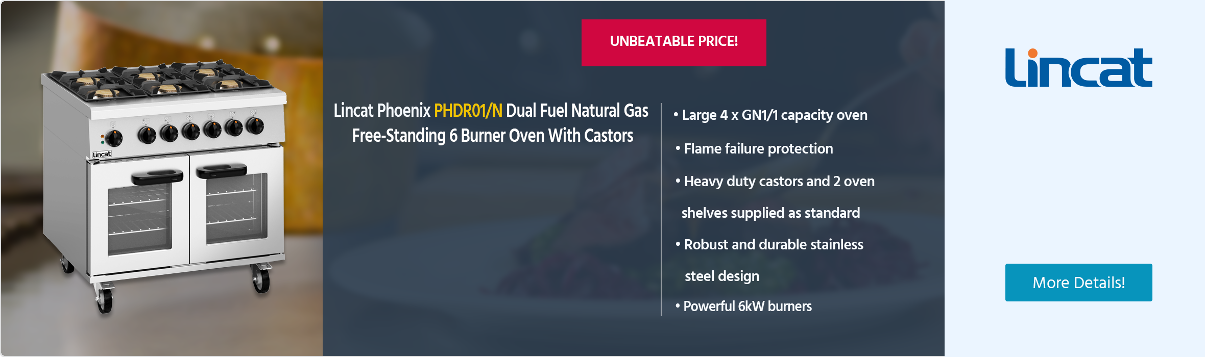 Lincat Phoenix PHDR01/N Dual Fuel Natural Gas Free-Standing 6 Burner Oven With Castors