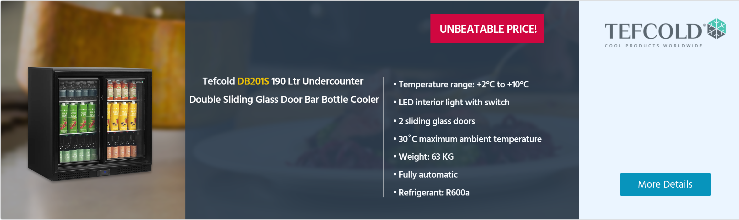 Tefcold DB201S 190 Ltr Undercounter Double Sliding Glass Door Black Bar Back Bottle Cooler