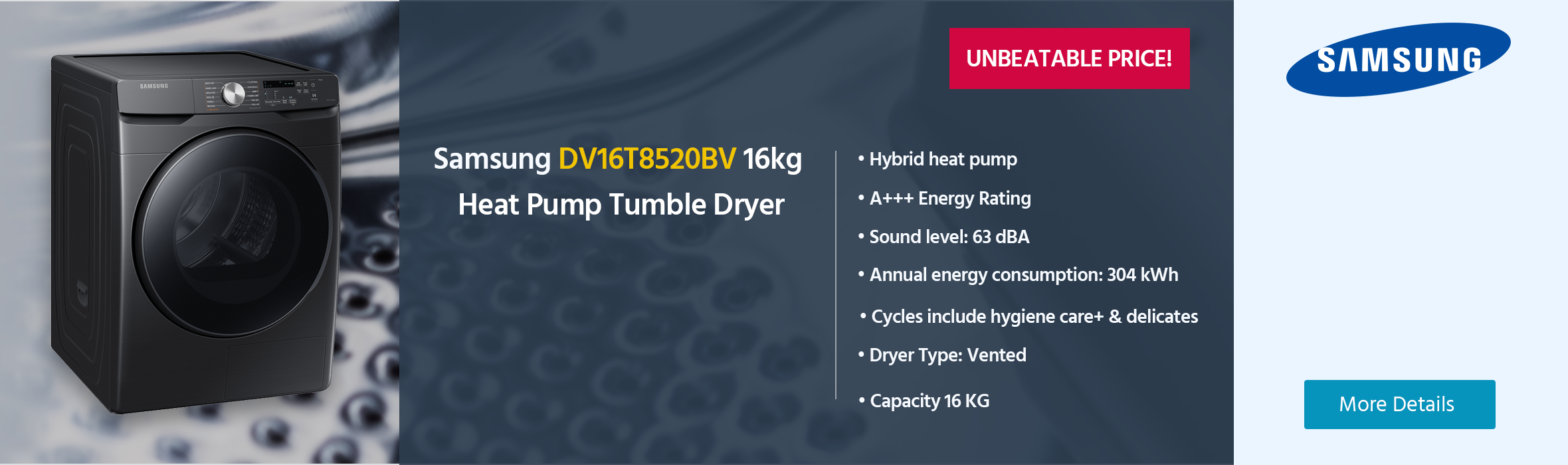 Samsung DV16T8520BV 16kg Heat Pump Tumble Dryer