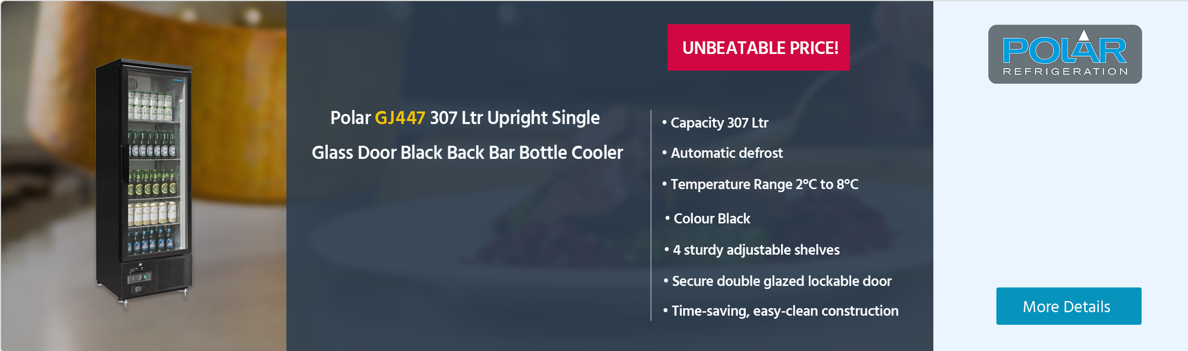 Polar G-Series GJ447 307 Ltr Upright Single Glass Door Black Back Bar Bottle Cooler