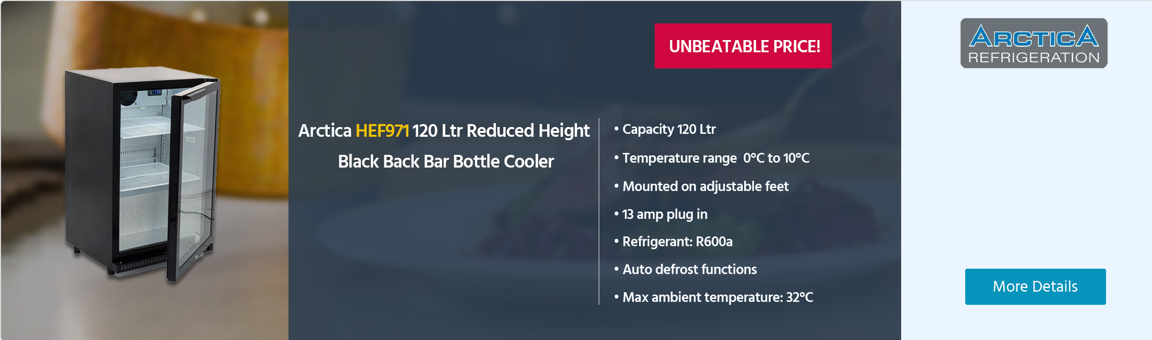 Arctica HEF971 120 Ltr Undercounter Single Door Reduced Height Black Back Bar Bottle Cooler