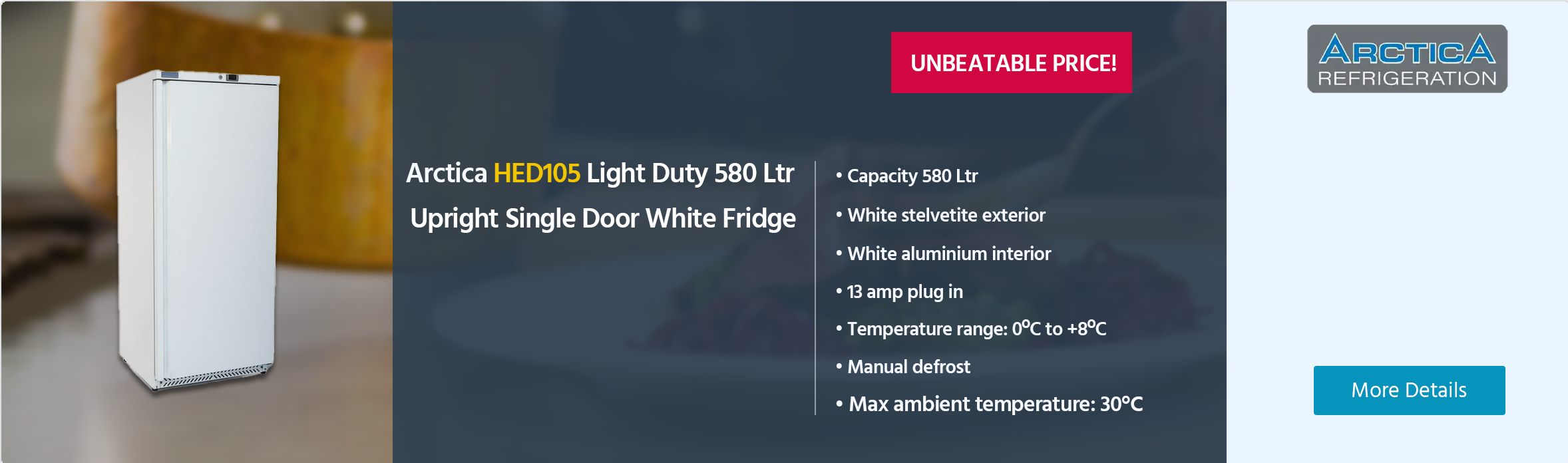 Arctica HED105 Light Duty 580 Ltr Upright Single Door White Fridge