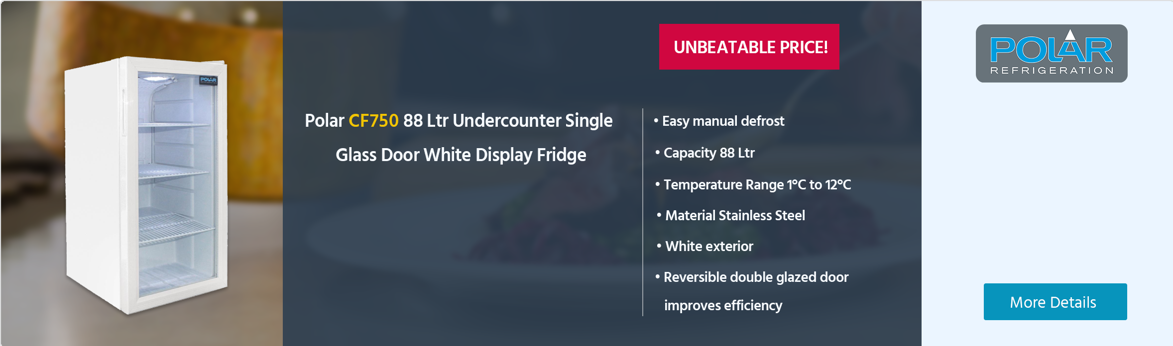Polar C-Series CF750 88 Ltr Undercounter Single Glass Door White Display Fridge