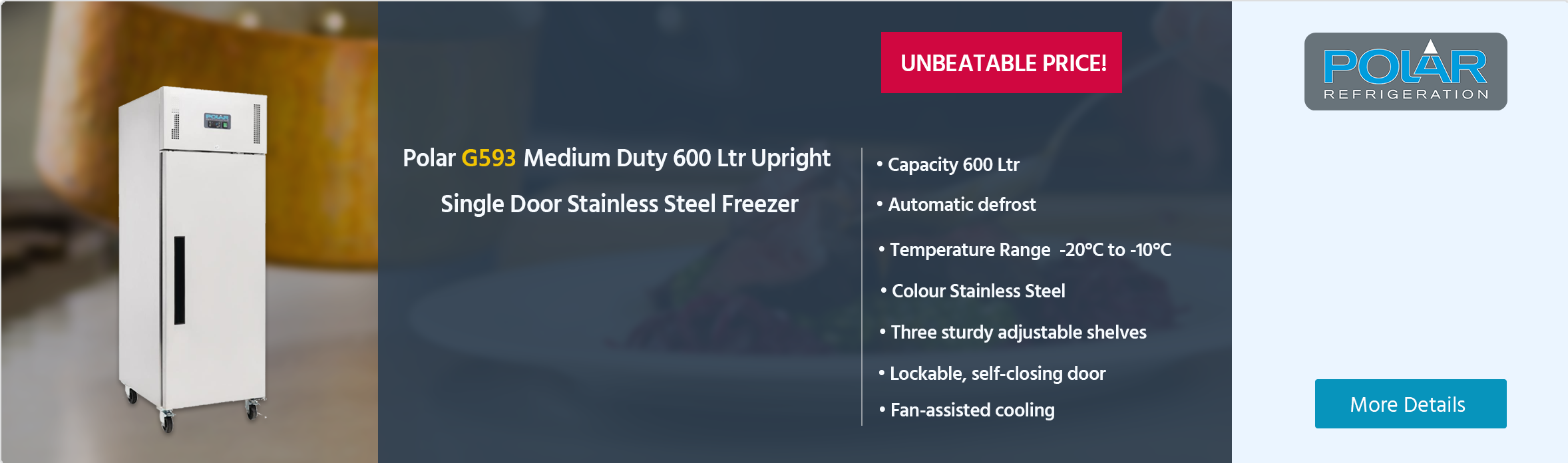 Polar G-Series G593 Medium Duty 600 Ltr Upright Single Door Stainless Steel Freezer